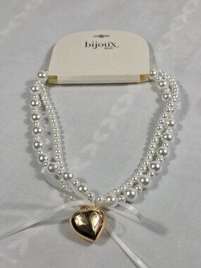 Bijoux Bar Double Strand Faux Peal Necklace Gold Tone Heart Pendant NEW